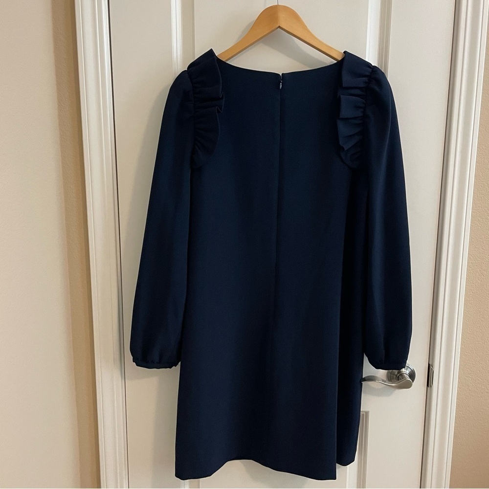 NWT Eliza J Ruffle Puff Shoulder Shift Dress Navy Blue Size 12 - Picture 4 of 11